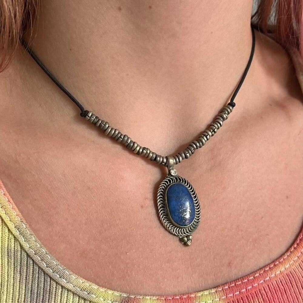 Vintage Y2K 00s Black String Wrap Gem Stone Silver Choker Necklace